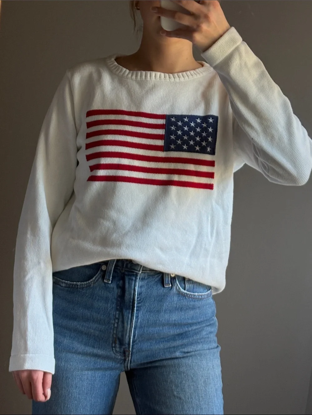 White 100% Cotton Sweater American Flag - Picture 1 of 3